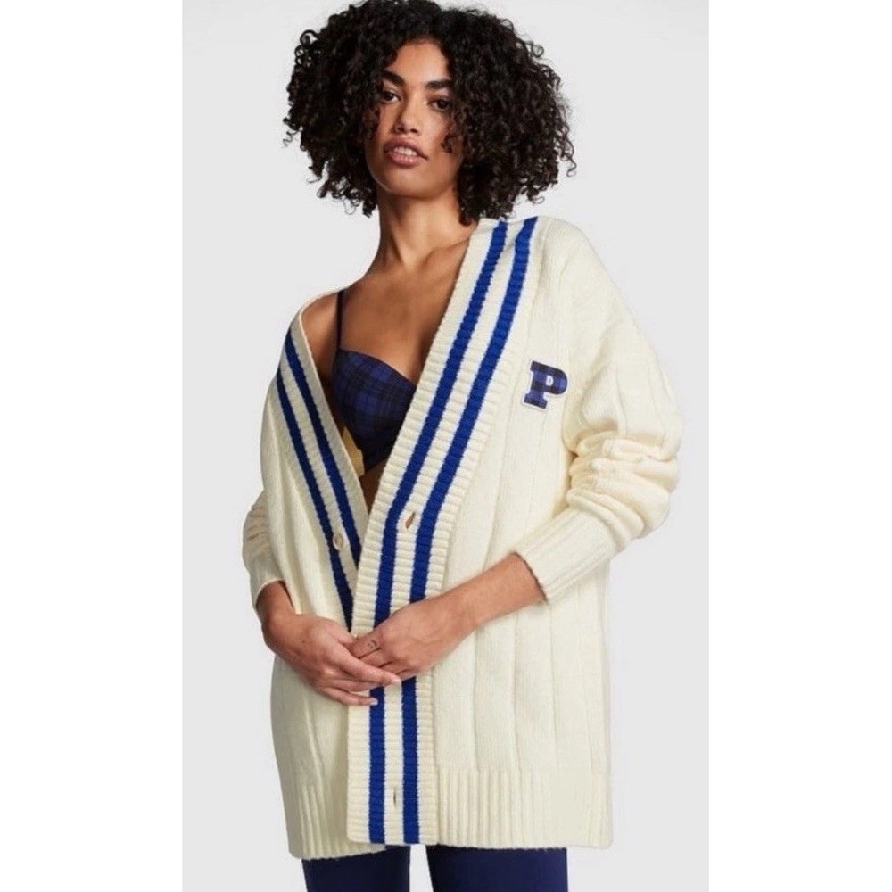 NWT PINK Victorias Secret Cardigan Varsity Letterman Oversize Preppy‎ Ivory XXL